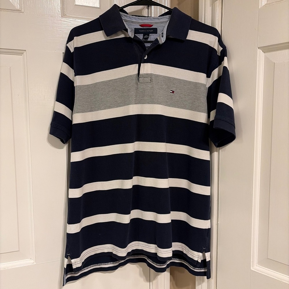 Tommy Hilfiger Mens Large Navy Blue White Striped Pique Polo Shirt Short Sleeve